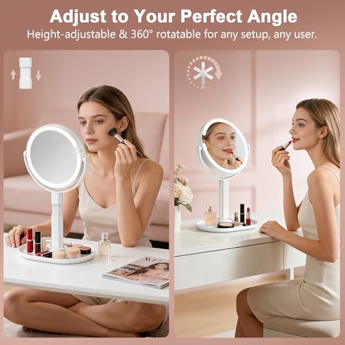 Lighted Makeup Mirror with 10X Magnification, Rechargeable LED Magnifying Vanity Mirror with 3 Lights, Adjustable Height, Storage Base and Phone Holder, Gift for Women, White, 7 inch