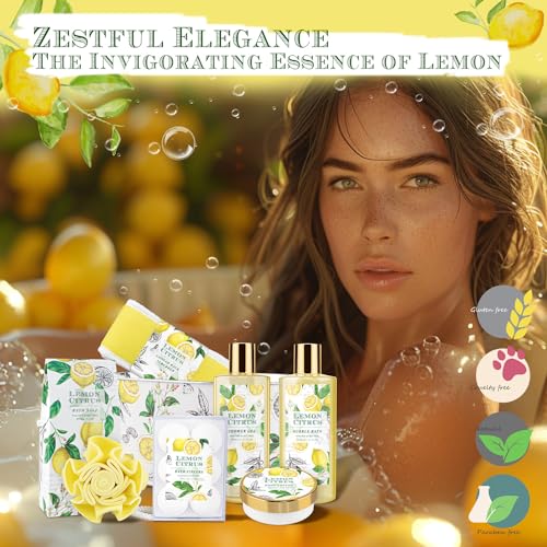 Bath Gift Set, Lemon Citrus Spa Gift Basket for Women, Includes Shower Gel, Bubble Bath, Body Lotion, Bath Frizzes 8 Pcs, Great Gift Idea for Her Birthday