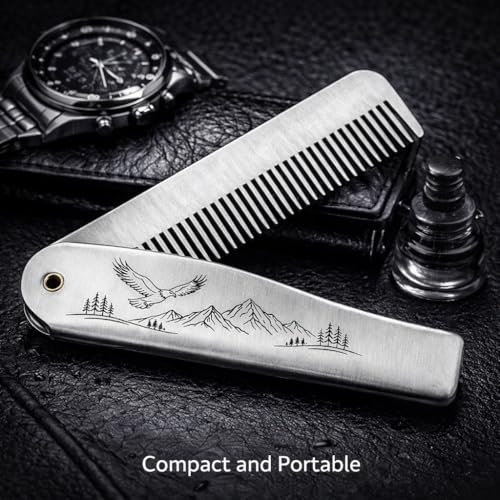 IN SELECT 304 Stainless Steel Folding Bread Comb for Men, Metal Pocket Comb, Static-Reducing Design, Travel Grooming Tool for Hair & Beard, Laser Engraved EDC Gift (Mountain & Eagle)