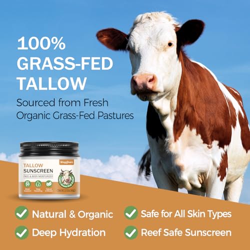 Beef Tallow Sunscreen SPF 50 - Organic Mineral Sunscreen with Zinc Oxide - Non-Toxic Natural Sunblock for Face & Body - Water Resistant, Reef Safe, Moisturizing for Dry and Sensitive Skin