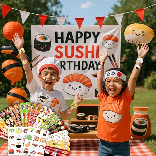 48PCS Sushi Party Set - 24PCS Temporary Pre - cut Tattoos & 24PCS Slap Bracelets - Fun Food-Themed Birthday Supplies, Baby Shower Gifts, Classroom Rewards & Party Decor for Kids (Boys & Girls)