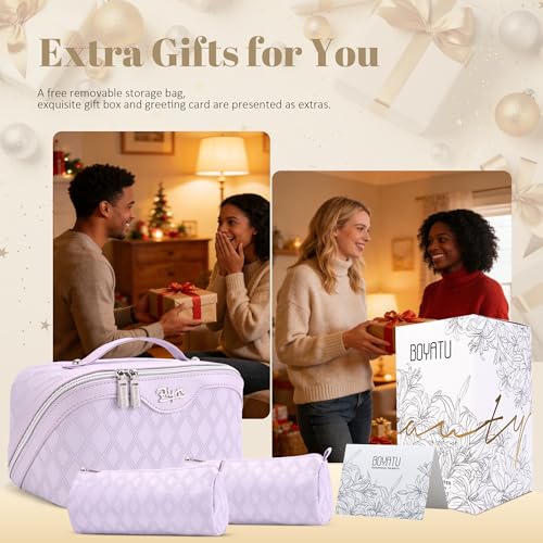 BOYATU Travel Makeup Bag for Women: 3-Piece Quilted Cosmetic&Toiletry Organizer - 2 Detachable Pouches Expandable Storage for Travel Essentials,Opens Flat for Packing,Waterproof PU Leather(Purple)