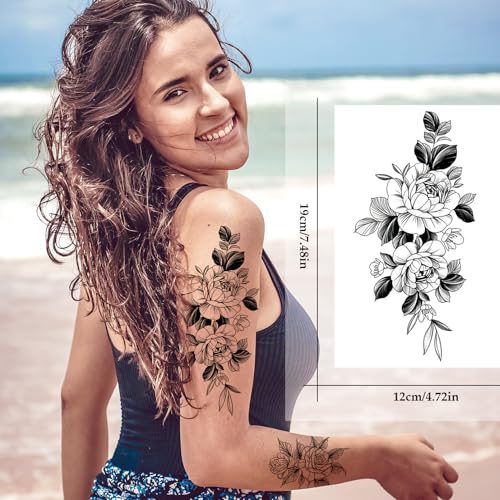 VERKSTAD Christmas Black Temporary Tattoos for Women, Waterproof Flower Butterfly Fake Tattoos for Girls, Floral Letter Writing Symbol Tattoo Kits Hand Body Art for Parties Festivals Everyday Wear