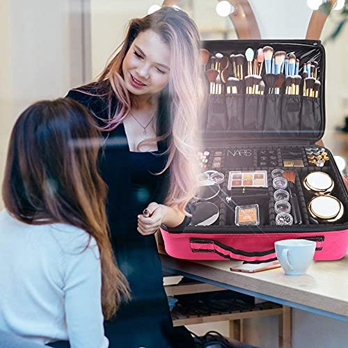 gzcz Travel Makeup Bag,Professional Cosmetic Bags for Women,Portable Makeup Brush Case Organizer Storage with Adjustable Dividers and Shoulder Strap (Medium)