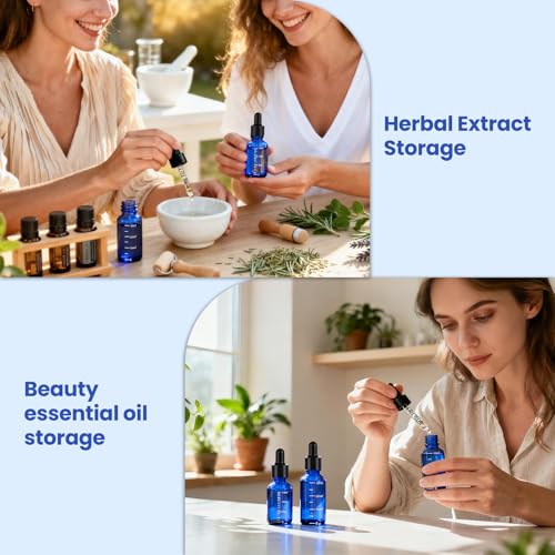 63 Pcs 1oz Blue Glass Dropper Bottles with Measurement, 30ml Leakproof Tincture Bottles with Funnels, Eye Droppers, Extra Caps & Labels, Refillable Empty Bottles for Tinctures, Essential Oils