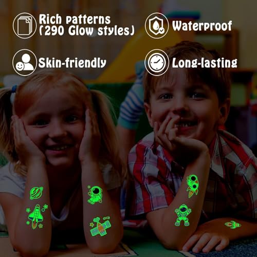 Partywind 290 Styles (30 Sheets) Luminous Space Tattoos for Kids Party Decorations, Glow Outer Space Party Supplies Favors with Astronaut/Rocket/Planet, Kids Games for Glow Party