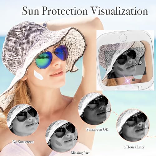 UV Camera Mirror for Sunscreen Test & SPF Detection, 1x/2x Magnifying Travel Mirror with Dimmable LED Lights, Handheld 2-Sided Portable Makeup Mirror for Handbag/Pocket,White