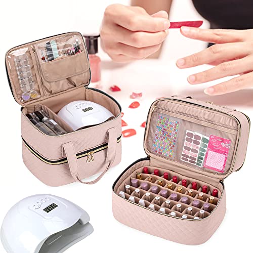 Yarwo Nail Polish Organizer Case Holds 50 Bottles(15ml/0.5 fl.oz) and Nail Lamp, Double Layers Nail Polish Bag with Adjustable Dividers for Nail Art Tools, Dusty Rose (Bag Only, Patent Design)