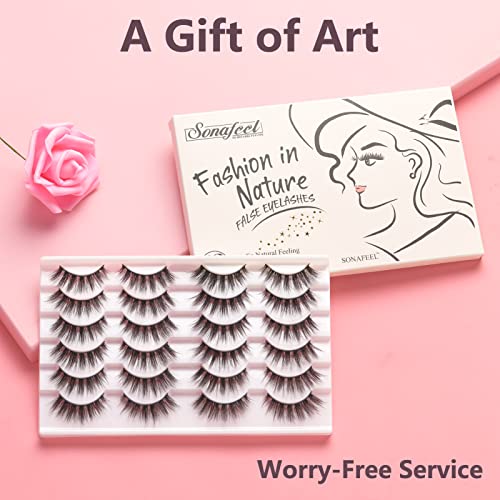 SONAFEEL Soft Mink Eyelashes 15mm Half Volume Lashes Natural Look 12Pairs 6d Fluffy Medium Strip Lashes Bulk Reusable Half Thick False Eyelashes Gift