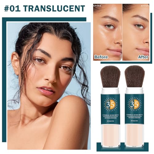 2PCS Mineral Sunscreen Powder SPF 35 for Face Oil Control Long Lasting Sunscreen Powder for Face Natural Light Breathable #01 Translucent