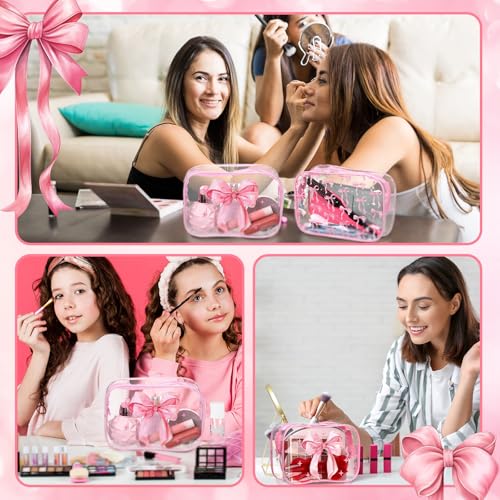 Kacctyen 10 Pcs Pink Bow Clear Makeup Bags Coquette Cosmetic Bag Women Girl for Preppy Bow Gift Accessories PVC Waterproof Travel Toiletry Pouch for Friend Gift