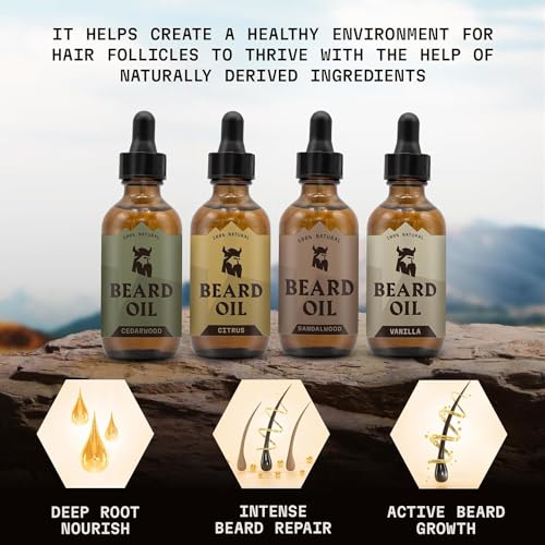 Striking Viking Beard Oil for Men - 0.66 Fl Oz, Pack of 4 - Barber-Style Softening Infusion - Encourages Fuller Beard Growth - Featuring Sandalwood, Vanilla, Cedarwood, Citrus Oil