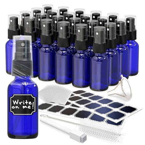 Nevlers 1 Oz Blue Glass Spray Bottles for Cleaning, Refreshment & More | Small Spray Bottle Travel Size 24 Pack w/Shrink Wrap, Funnel, Brush, Marker & Labels | Perfume Travel Refillable Containers