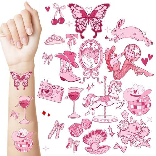HOMEZZO Pink Pony Club Temporary Tattoos - Disco Cowgirls Girls Night Decorations for Bachelorette Birthday Party Favor Accessories