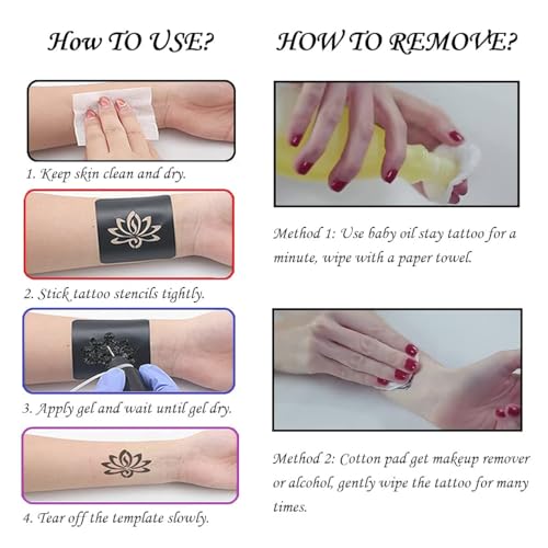 Temporary Tattoo Kit with 6 Bottles Semi Permanent Ink DIY Fake Freckles and 64 Patterns Adhensive Stencils for Women Men, Black/Red