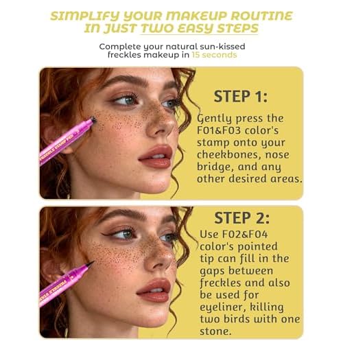 4 Color Faux Freckle Stamp Pen Kit, Upgrade Dual Ended 2-in-1 Waterproof Fake Freckle Pen with Multi-Prong Freckles Stamp Head for Women to Easily Create Natural Long-Lasting Sunkissed Makeup