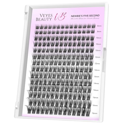VEYESBEAUTY Lash Clusters Individual Eyelash Extensions Thin & Invisible Band DIY False Eyelashes for Self-application Newbie's Five-Second Series Wispy Lash Tray, Dreamy 8-16mm Mixed Length