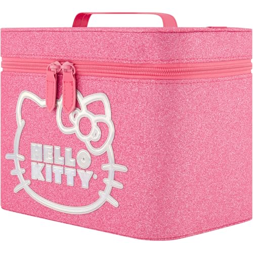 Hello Kitty Large Cosmetic Travel Case Organizer, Portable Makeup Box with Mirror and Dual Zipper
