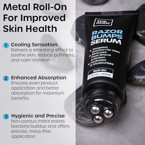 The Man Razor Bumps Serum - Ingrown Hair Treatment for Men - Razor Bump Treatment for Men - Face & Body After Shave & Razor Burn Treatment - Metal Roll On Soothes Skin & Calms Irritation (3.5fl.oz)