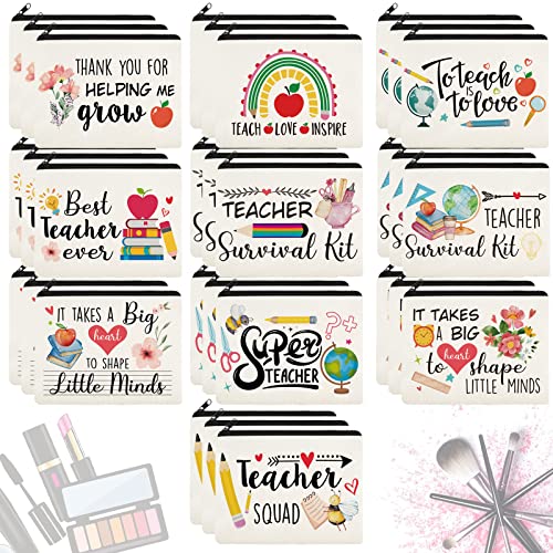 Irenare 30 Pcs Teacher Gift Thank You for Women Makeup Bag Cosmetic Bag Pencil Case Bags Travel Toiletry Canvas Pouch with Zipper for Valentine's Day Teacher Appreciation Gift