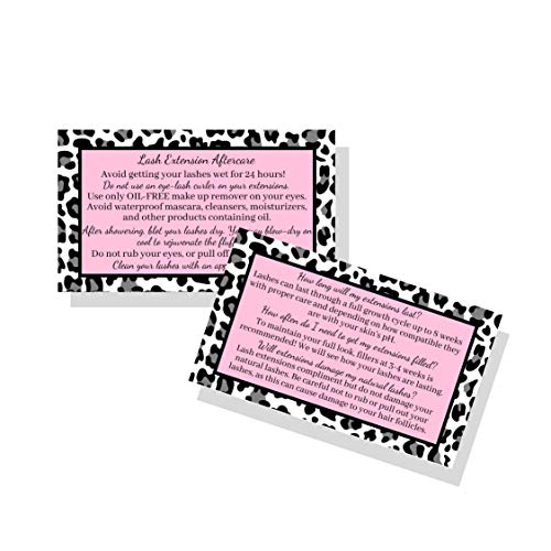 Lash Extension Aftercare Instructions Cards | Package of 50 | Leopard Print with Pink Inlay Design Double Sided Size 3.5 x 2" inches After Care (3-4 Week Fillers)