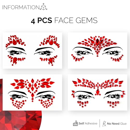 Face Gems - Self-Adhesive Jewels for Festival, Rave Party, Halloween Body Makeup - Glitter Tattoo Sticker, Rhinestone for Eyes, Face, Body (4 PCS RED)