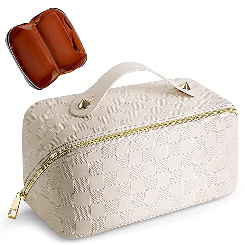 Cessfle Large Capacity Travel Cosmetic Bag, Boho Purple Makeup Bag Waterproof Leather Travel Toiletry Bag Woven Open Flat Makeup Organizer Bag