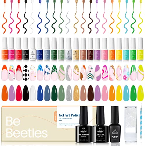 beetles Gel Polish Nail Art Liner Set with 2 Pcs 15ml No Wipe Gel Top Coat and Base Coat Set Gel Liner Nail Polish White Black Red Silver Nude Glitter Colors Paint Swirl Built Thin Brush in Bottle