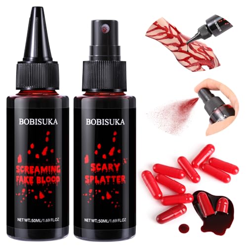 BOBISUKA Halloween Fake Blood Kit, 1.76oz Blood Spray + 1.76oz Dripping Blood + 10 Fillable Empty Capsules, Realistic Washable Fake Blood Makeup for Mouth Clothes Zombie Vampire Monster SFX Cosplay