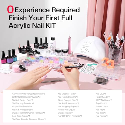 Acrylic Nail Kit with Everything: 0 Experience Required Complete Beginner Acrylic Nail Starter Kit with 48W Nail Lamp & Drill for Home DIY Manicure