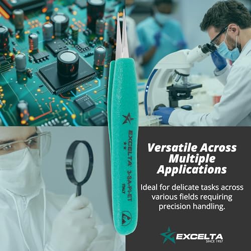 Excelta Ergo-Tweeze 3-SA-PI-ET Precision Tweezers, Straight Very Fine Tip, ESD Safe TealShield Grips, Anti-Magnetic 316L Neverust Stainless Steel, 5.25" OAL for Electronics, Lab, Cleanroom, Forensics
