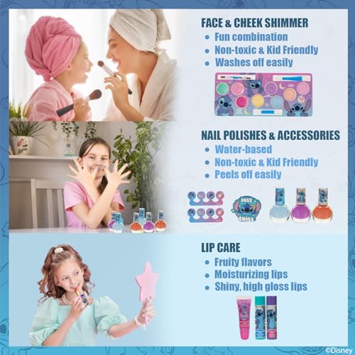 Stitch Train Case Beauty Set, Kids Makeup Kit for Girls, Real Washable Makeup Set, Play Makeup, Party Favor, Birthday, Ages 3 4 5 6 7 8 9 10 11 12 by Townley Girl