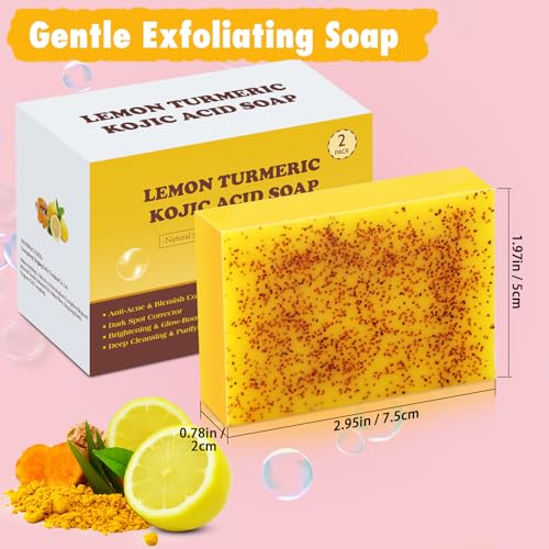 Lemon Turmeric Kojic Acid Soap Bar, Turmeric Soap Bar with Vitamin E for Dry Sensitive Skin, Lemon Soap for Face, Body Hands 2 Bars