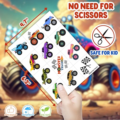 72 PCS Monster Truck Party Favors - 48 PCS Temporary Tattoos & 24 PCS LED Finger Lights Combo - Birthday Goodie Bag Fillers, Light Up Toys, Party Supplies for Kids