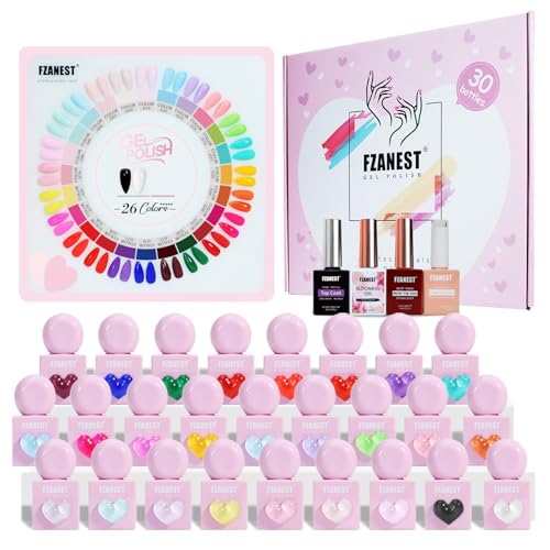 FZANEST 30pcs Gel Nail Polish Set, HEAM-free TPO-free Professional 10ml 26 Bright Spring Summer Candy Colors DIY Gel Nail Kit with Base Top Coat, Matte Top & Blooming ? Unique Pink Heart Shaped Bottle