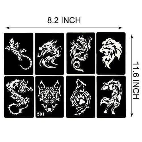 4 Sheets Temporary Tattoo Stencils, 32pcs Animal Patterns Henna Tattoo Stencil Kit Temporary Glitter Airbrush Tattoo Stencils Arabian Tattoo Stickers for Face Body Paint Art
