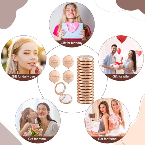 Roowest 16 Pack Metal Rhinestone Compact Mirror Bulk for Women Inspirational Rose Gold Magnifying Pocket Mirrors for Purses Women Day Gift Wedding Bridal Shower Favors