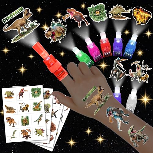 72 PCS Dinosaur Party Favors ? 48 PCS Luminous Tattoos & 24 PCS LED Finger Lights Combo ? Birthday Goodie Bag Fillers, Party Supplies, Gifts Light Up Toys Glow In The Dark for Boys and Girls