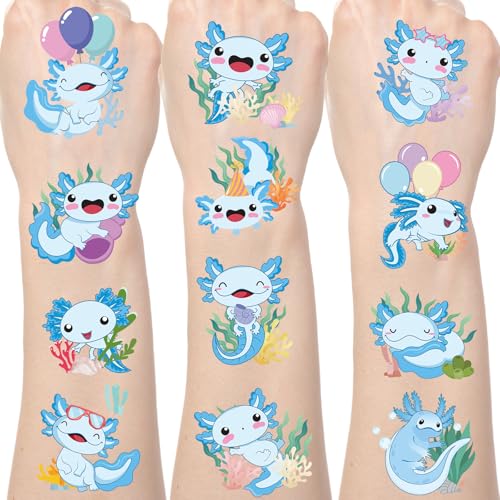 Blue Axolotl Temporary Tattoos - 200+ Axolotl Birthday Decorations Blue Axolotl Party Favors Supplies Decor Cute Axolotl Tattoo Temporary Prizes Rewards Axolotl Gifts Adults