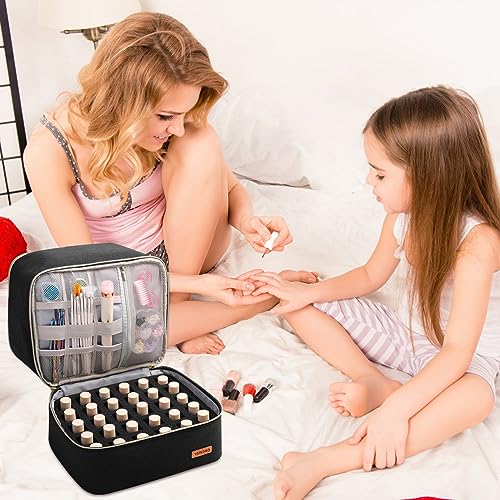 Veirdro Nail Polish Organizer Bag Holds 30 Bottles (15ml/0.5 fl.oz)& Nail Lamp, Portable Travel Nail Kit Storage Carrying Case, Double Layer Nail Supplies Holder Bag PU Leather Women (Elegant Black)