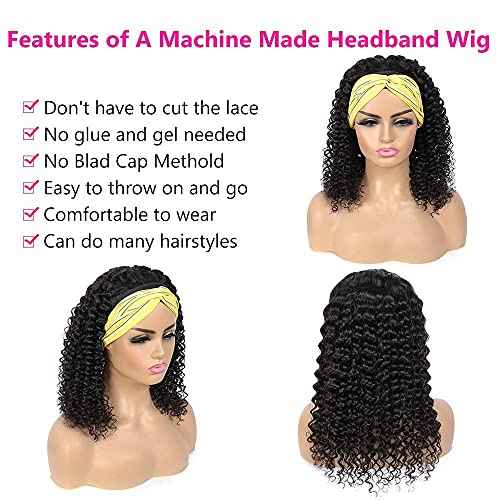 10 Inch Curly Headband Wig Human Hair Natural Color Glueless Headband Wigs for Women None Lace Front Wigs With Headband Attached Human Hair Wigs