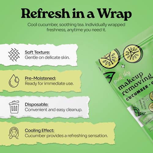 Pink Sky Makeup Remover Wipe for Face - Ultra Soft, Mini Makeup Wipes Individually Wrapped, Travel Makeup Wipe, Gently Cleanse & Remove, 40 Count (40 Wipes, CUCUMBER & GREEN TEA)