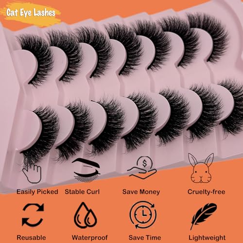 Cat Eye Lashes Mink 3D Short Fluffy Full Strip Lashes C Curl Wispy Cateye Thick False Strip Eyelashes Natural Look