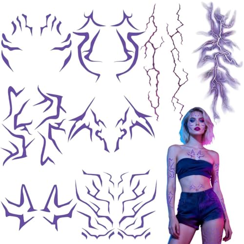 8PCS Ombre Patterns Temporary Tattoo, Purple Tattoos Realistic Body Art for Hunter Costume accessories, Cosplay, and Party Makeup