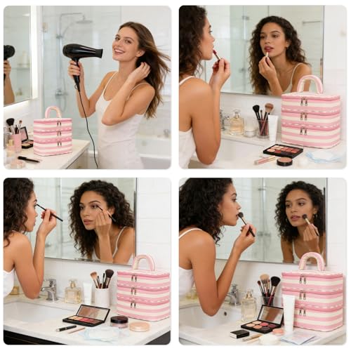 Three Layer Makeup Bag for Women Fashion Stripes Cosmetic Bag Preppy Style Travel Water-Resistant Toiletry Bag for Storage Toiletries Cosmetics Sets for Women Teen Girls Pink