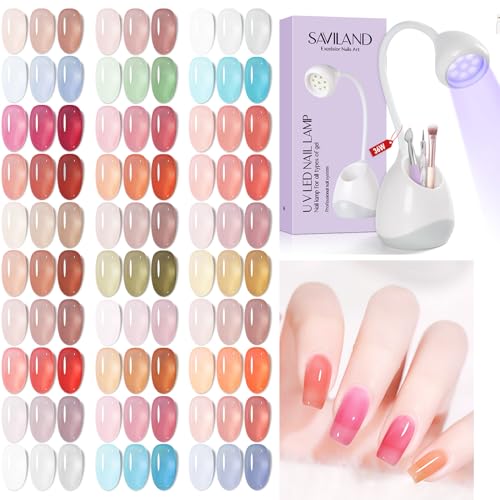 SAVILAND Jelly Gel Nail Polish Set, 30 Colors Translucent Nail Polish Set Rechargeable Nail Led Lamp - 36W Mini U V Light