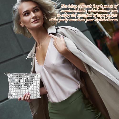 10 Pcs Disco Cosmetic Bags for Women 7.8 x 6.6 Inch Disco Makeup Bags Bachelorette Party Favors Bag Silver Sequins Makeup Bag Purse with Zipper for Bridal New Years Eve 70s 80s 90s Party Decorations