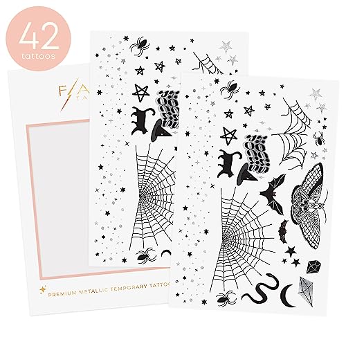 Flash Tattoos Halloween Witch Please temporary tattoos | 44 Spooky Tattoos | Metallic tattoo | Halloween Party Supplies | Halloween party, Spider, Spiderweb, snake, black cat, stars