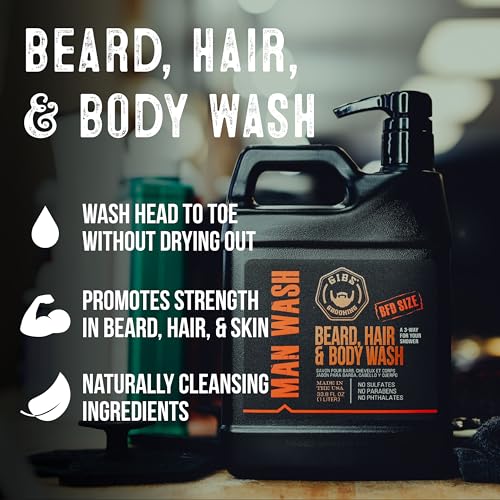 GIBS Grooming - Amber Man Wash (33.8 fl oz) 3-in-1 Beard, Hair, Body Soap - Citrus, Oak, Basil Scent - Sulfate Free - Tea Tree Oil, Hemp Oil, Protein - Mens Body Wash & Mens Shampoo - Made in USA