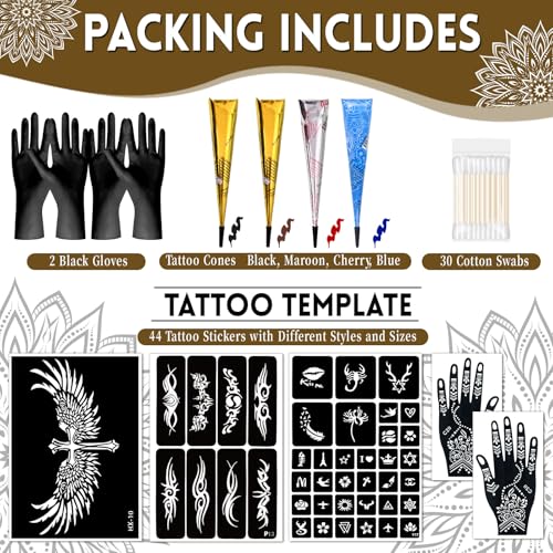 Temporary Tattoo Stencil Kit, 4 Pcs Tattoo Cones 4 Color (Black/Maroon/Cherry Red/Blue) 44 Tattoos Templates and Cotton Swabs, DIY Body Art Skin Painting Designs for Valentine's Gifts